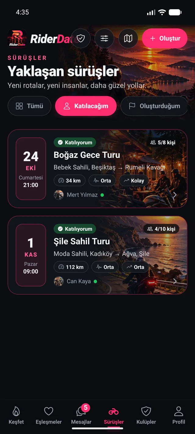 RiderDate Sürüşler ekranı (tanıtım hesabı)